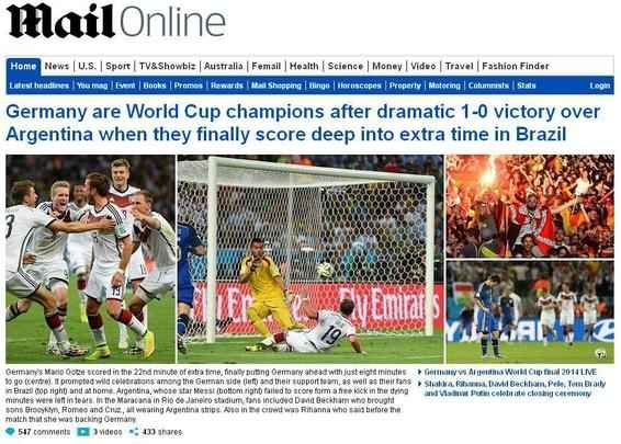 Mail Online: 'Alemanha  a campe do mundo ao vencer de forma dramtica a Argentina, por 1 a 0'