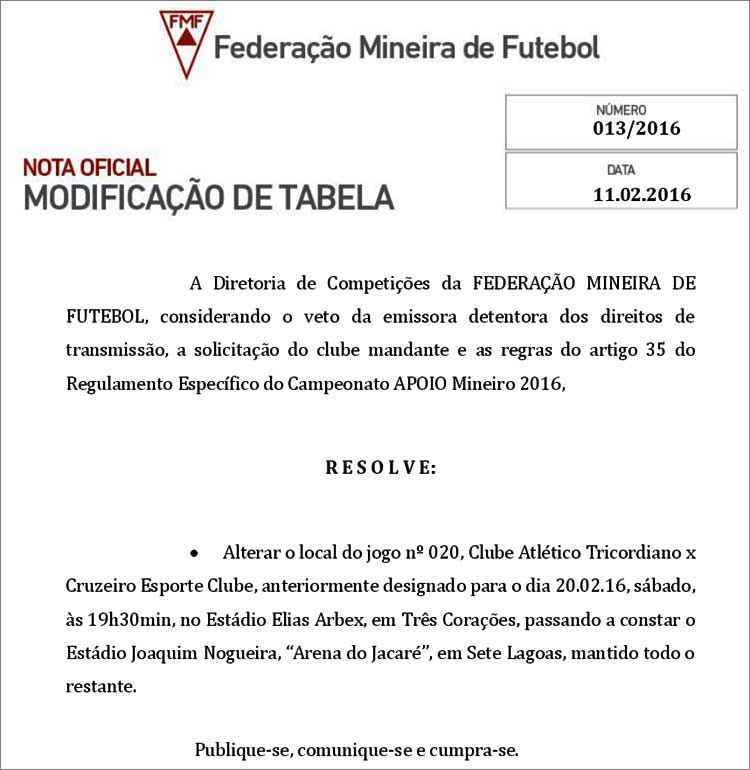 Nome e jogos do Cruzeiro saem da tabela do site da FMF no dia da estreia