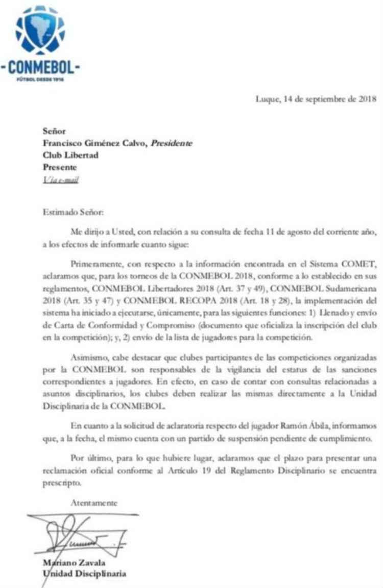 Conmebol admite erro e confirma suspensão de Ramón Ábila para jogo