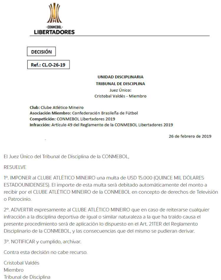 Multa e advertência ao Club Nacional de Football - CONMEBOL