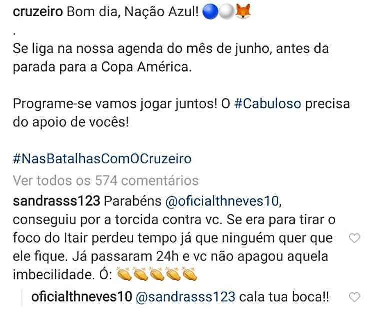 Thiago Neves, do Cruzeiro, responde a comentário no Instagram: 'Cala a tua  boca' - Superesportes