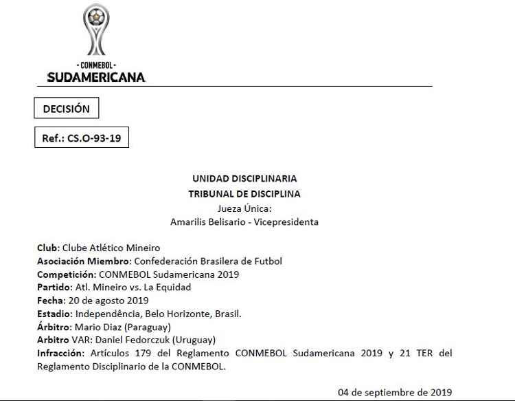 Atlético é multado por infrações em jogo da Copa Sul-Americana